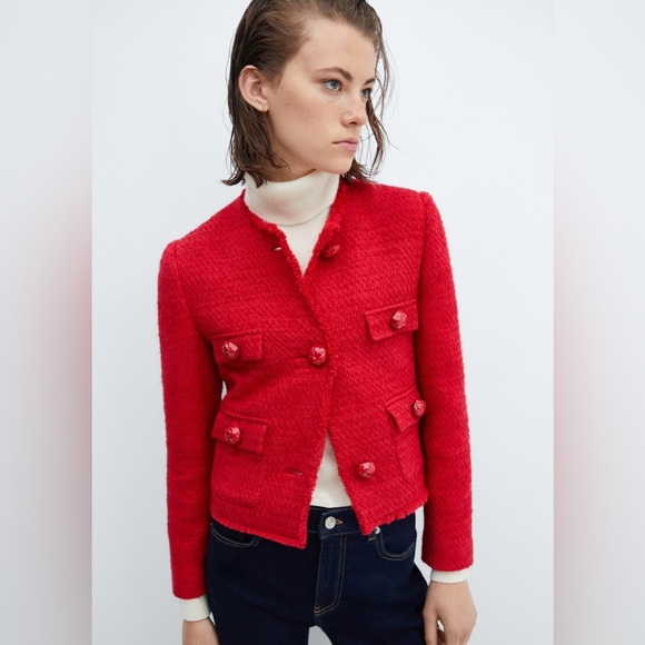 Mango TWEED JACKET WITH POCKETS - Size 3XL - Red - Picture 2 of 12